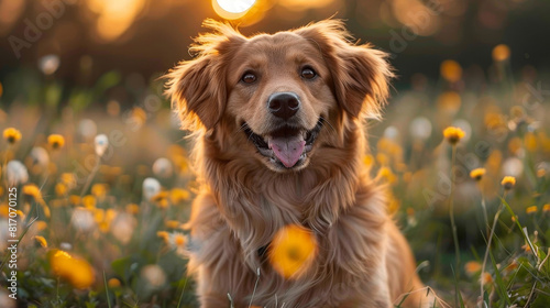 Perro marrón en el campo con el sol iluminando su pelo
