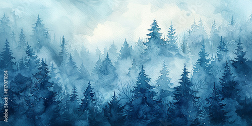 Watercolor panorama of the fir forest. Magical winter forest 