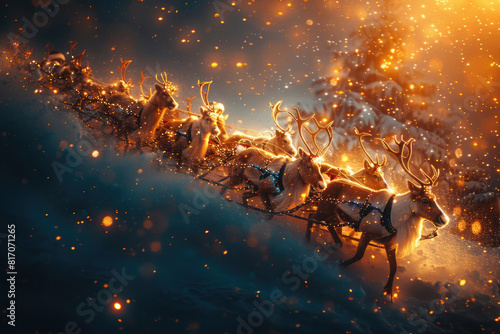 Santa Claus soaring across the starry night sky in his sleigh led by reindeer