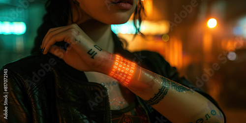 The binary code tattooed on her wrist pulses with energy, a testament to her commitment to the cyberpunk lifestyle