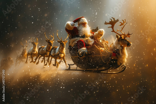 Santa Claus soaring across the starry night sky in his sleigh led by reindeer