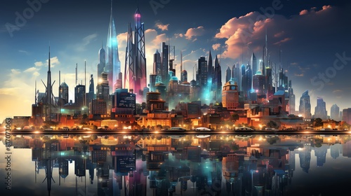 Futuristic city with Labeled AI integrated architecture, side view, skyscrapers with neon outlines, cybernetic tone, Colored pastel