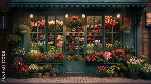 facade of a flower shop, green, tulips, hyacinths