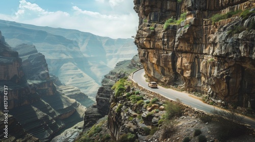 Car driving along a narrow mountain road with steep cliffs on one side and sweeping valleys on the other.
