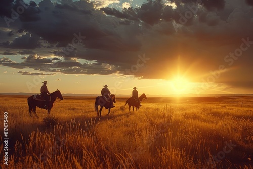 Cowboys on horseback at dusk with a vibrant sunset over the open prairie landscape