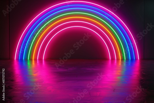 rainbow neon light in the shape of an arch, black background, glowpunk Generative AI