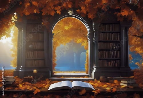 library autumn illustration fairy gital leaves portal enchanted art Fantasy tale