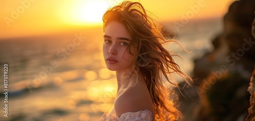 A portrait of a young woman with windblown hair, standing on a cliff by the sea at sunset