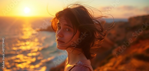 A portrait of a young woman with windblown hair, standing on a cliff by the sea at sunset