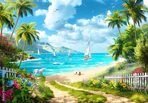 A beautiful tropical beach with lush greenery, white horses in the flower garden and blue water, 