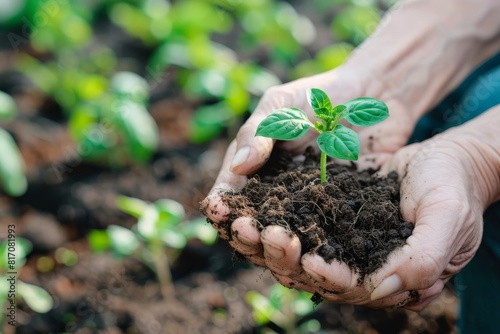 A person is holding a small plant in their hand. The plant is surrounded by dirt and he is a seedling. Concept of nurturing and growth, as the person is taking care of the plant