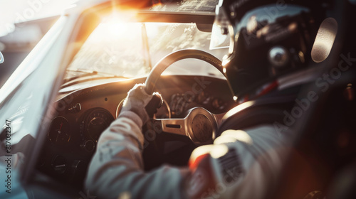 A race driver focuses intently, hands gripping the wheel in a blazing sunset.