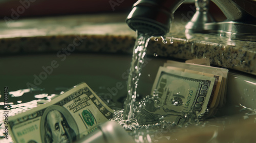 Soggy banknotes in a sink, possibly reflecting monetary loss or careless spending.