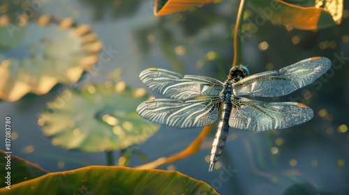 Dragonfly with translucent wings resting on a leaf, with a pond in the background.