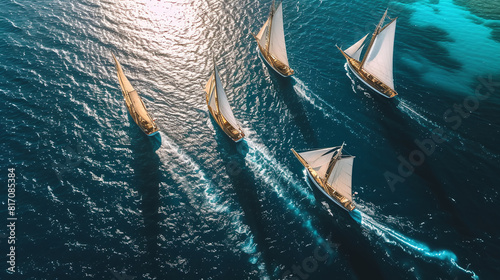 Regatta sailing ship yachts with white sails at opened sea, Aerial view of sailboat 