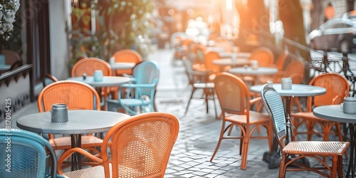 Outdoor cafe in European city with charming tables and chairs. Concept European Cafe, Charming Tables, Outdoor Dining, Cafe Decor, European City