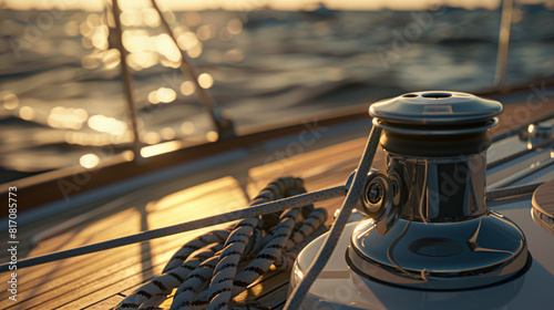 Golden sunset light bathes a yacht's winch and ropes, evoking nautical tranquility.