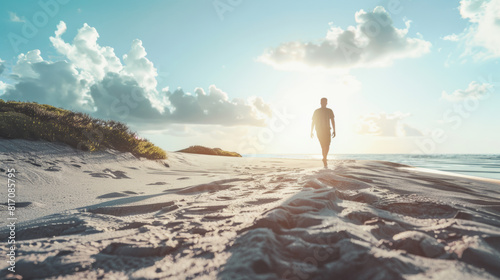 Lone figure strolling on a serene beach at dawn, leaving a trail of footprints.