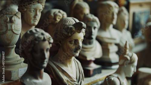 Classical statuary foregrounds a collection in focused contemplation.