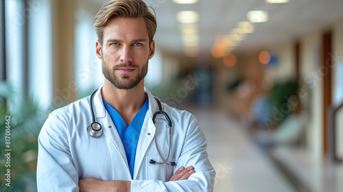 Profile photo of attractive family doctor patients consultation friendly smiling reliable virology clinic arms crossed wear white lab coat stethoscope in hospital interior. Copy space