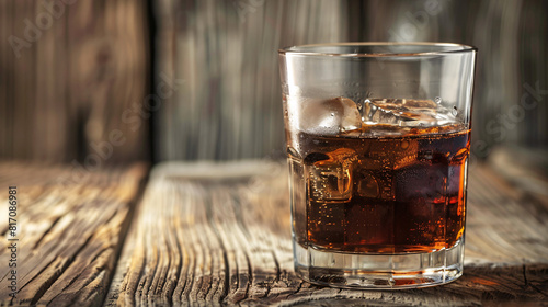  Glass of cola with ice. Refreshing glass of cola with ice cubes on a rustic wooden table, perfect for a cool drink in a cozy setting..