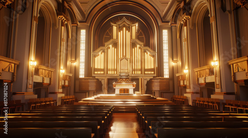 Majestic pipe organ commands attention in a grand, well-lit concert hall.