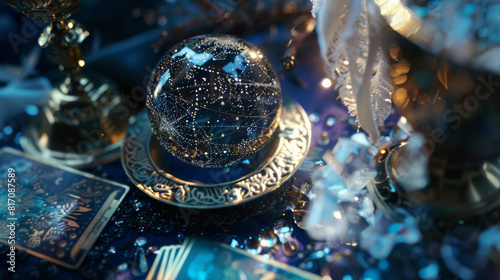 Mystical crystal globe amidst tarot cards and celestial decor.
