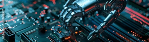 Photo of a robotic arm icon superimposed on a motherboard, symbolizing the synergy between AI and electronic systems