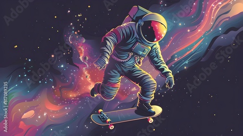 Little astronaut rides on skateboard through the universe.Space vector illustration.Prints design