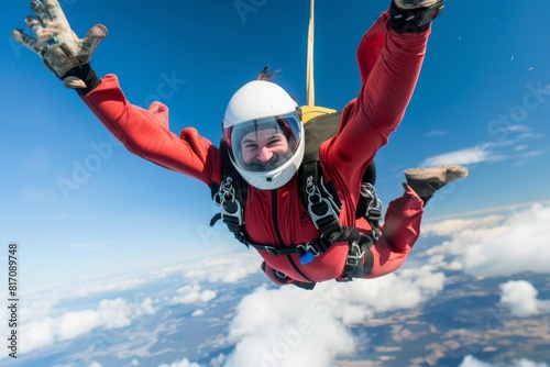 Exhilarating Free Fall: Skydiver with Arms Spread Conquering Fears and Embracing Freedom