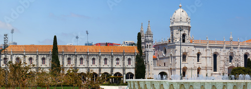 Panoramic view of Fountain on Empire Square and Jeronimos Monastery, Lisbon Portugal