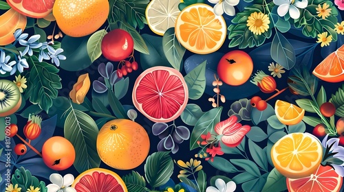Rustic Charm Meets Flair A Detailed of Fruits Intertwined with Enchanting Wildflowers and Abstract Designs Generative ai