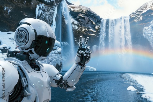 Futuristic Robot Captures Selfie Serenity at Icelandic Waterfall