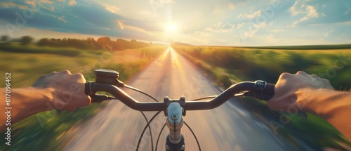 Close up of a hand gripping a bike handle, with the blurred path ahead signaling adventure and freedom under a sprawling sky, sharpen with copy space