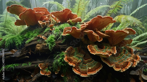 Large, fan-shaped fungi sprouting from a log, with a background of ferns and forest flora.