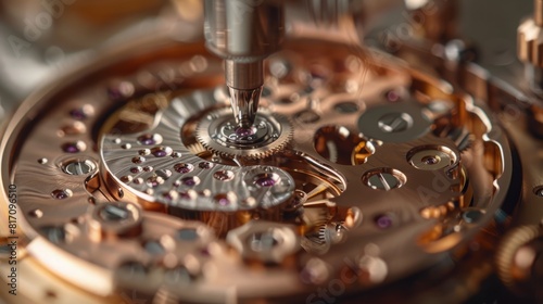 A detailed close-up view of the intricate inner workings of a mechanical watch, showcasing gears, springs, and jewels.