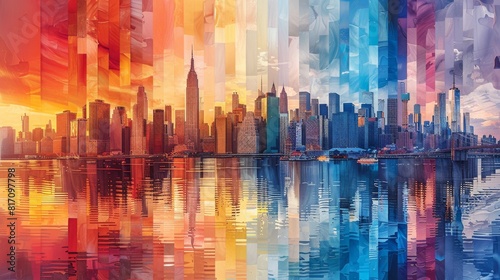 A colorful cityscape with the Empire State Building in the center