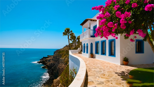 the coastal scene with white two-story house featuring a balcony and terrace overlooking the sea