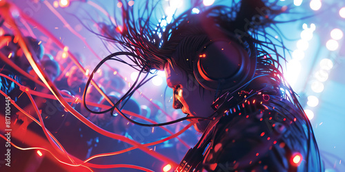 A cyberpunk musician, wires and lights entwined, unleashes a sonic assault on an enraptured crowd. 
