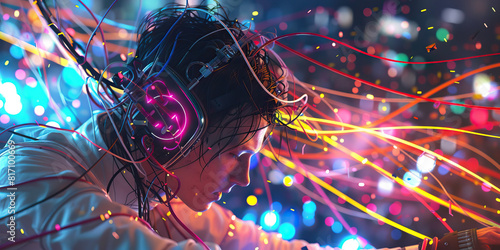 A cyberpunk musician, wires and lights entwined, unleashes a sonic assault on an enraptured crowd. 