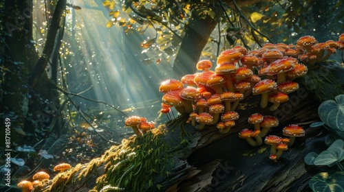 Mushrooms growing on a log in a dense forest, illuminated by dappled sunlight breaking through the canopy.