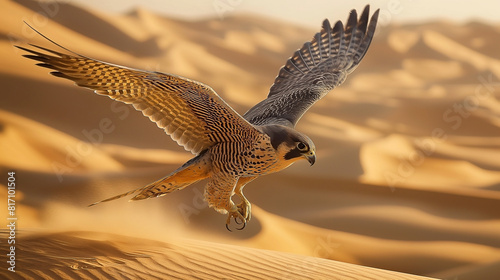 A falcon flies over dunes with desert background