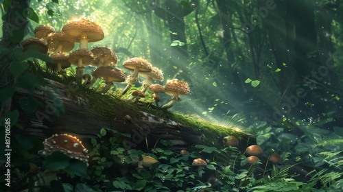 Mushrooms growing on a log in a dense forest, illuminated by dappled sunlight breaking through the canopy.