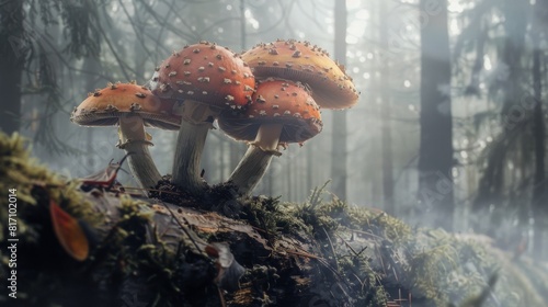 Mushrooms with large caps growing on a decaying log, with a misty forest background providing a mystical atmosphere.