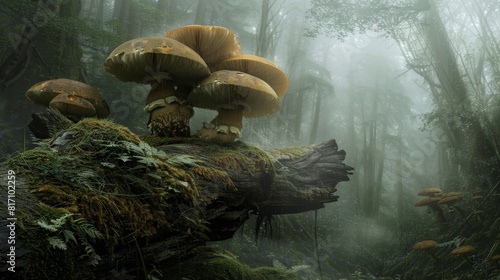 Mushrooms with large caps growing on a decaying log, with a misty forest background providing a mystical atmosphere.