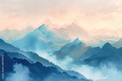 wallpaper watercolored illustration of a landscape with layers of depth, soft pastel tones