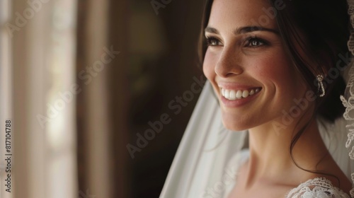 Portrait of a bride with clear, dewy skin on her wedding day, glowing with happiness and anticipation.