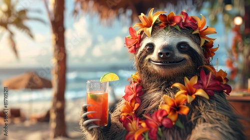 Summer background, A Sloth with hawaiian costume tropical palm and beach background, Generative AI