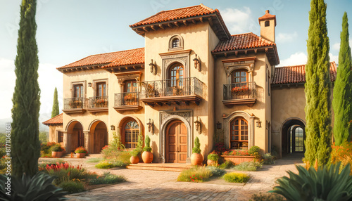 Rustic Mexican colonial style hacienda with a warm and welcoming facade; textured adobe walls, red and yellow tile roofs and arched entrance with ornamental ironwork and vast greenery in the courtyard
