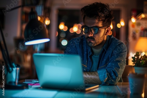 Dedicated Entrepreneur Working on Laptop Late at Night in Dimly Lit Room